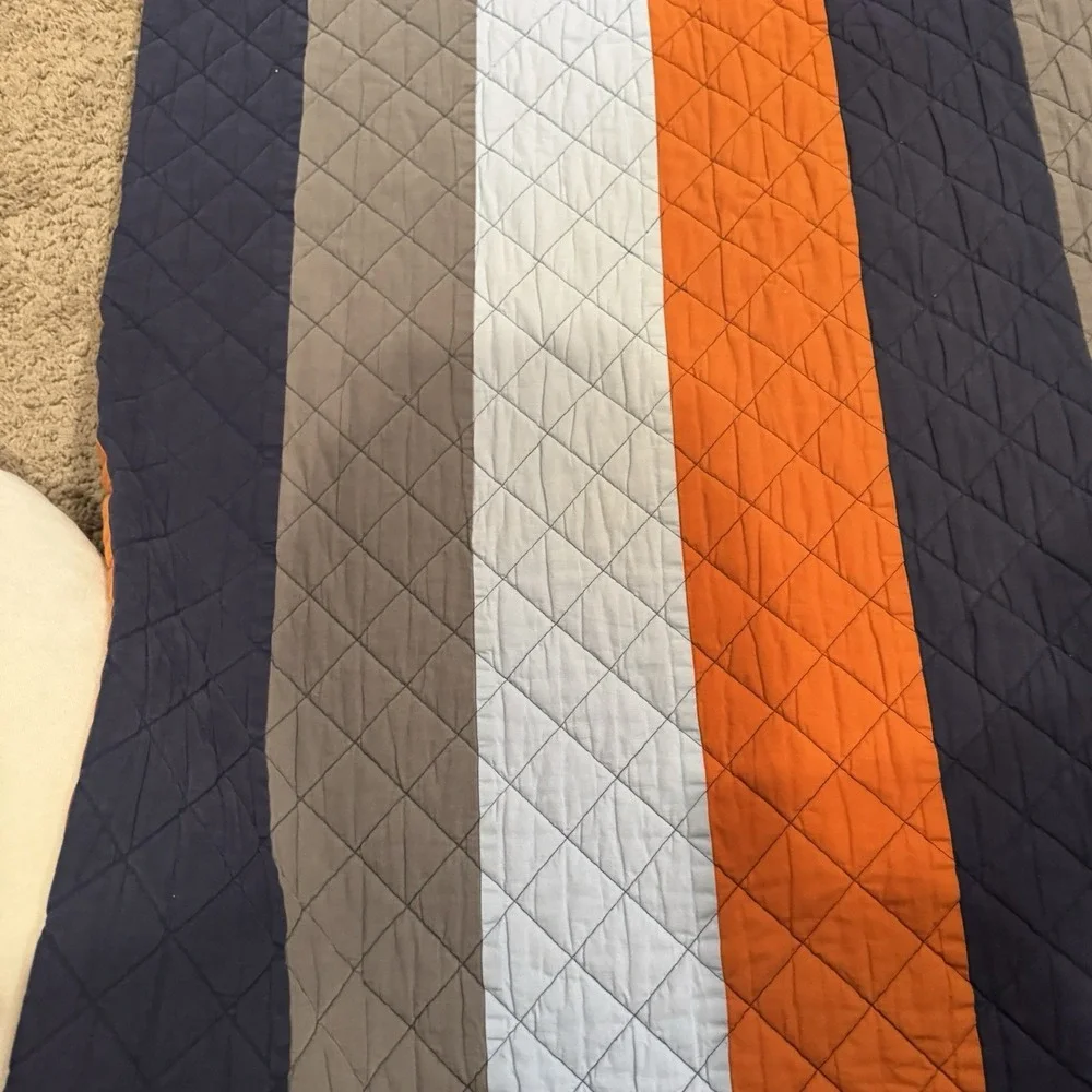 Pottery Barn Kids Orange Blue Gray Block Stripe Quilt Comforter Sham Twin XL Ful